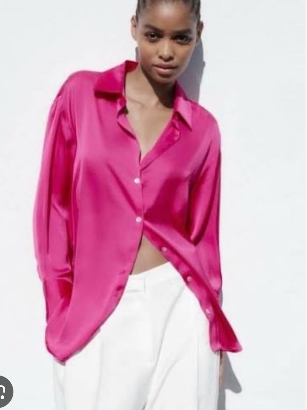 Zara Fuchsia Satin Button-Down Blouse
